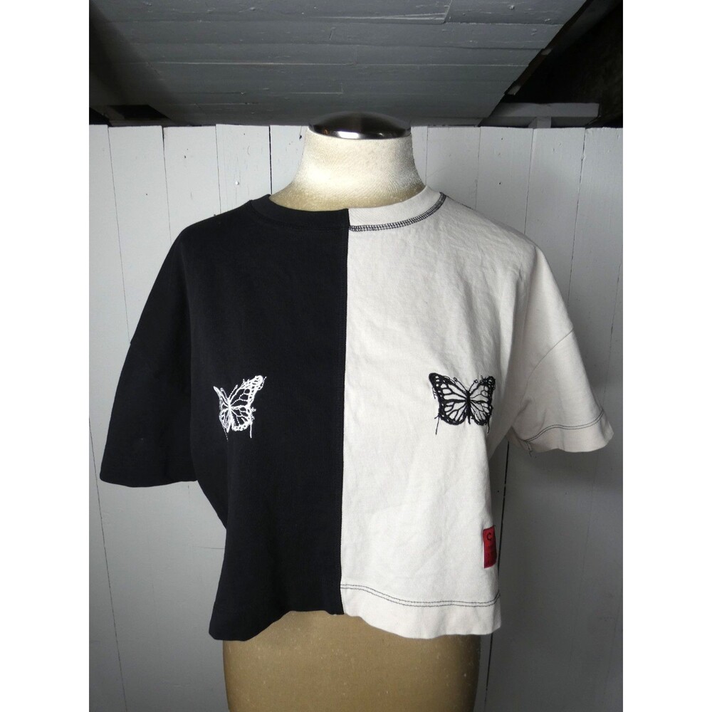 CHNGE Women's S Y2K Crop Top Butterfly Boxy Black & White Colorblock Cotton